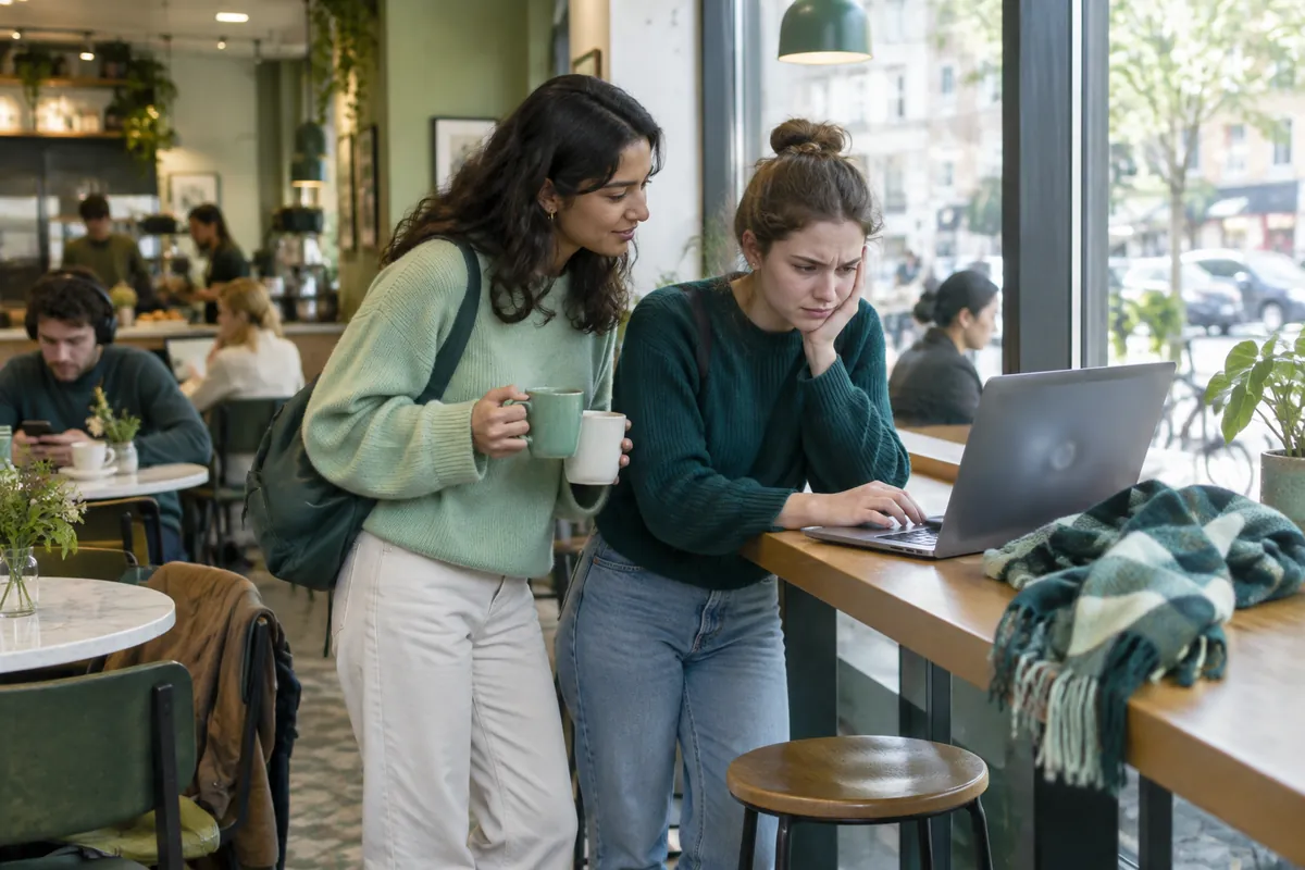 Två studenter vid en hög bardisk på ett kafé väntar på att en webbsida ska laddas om