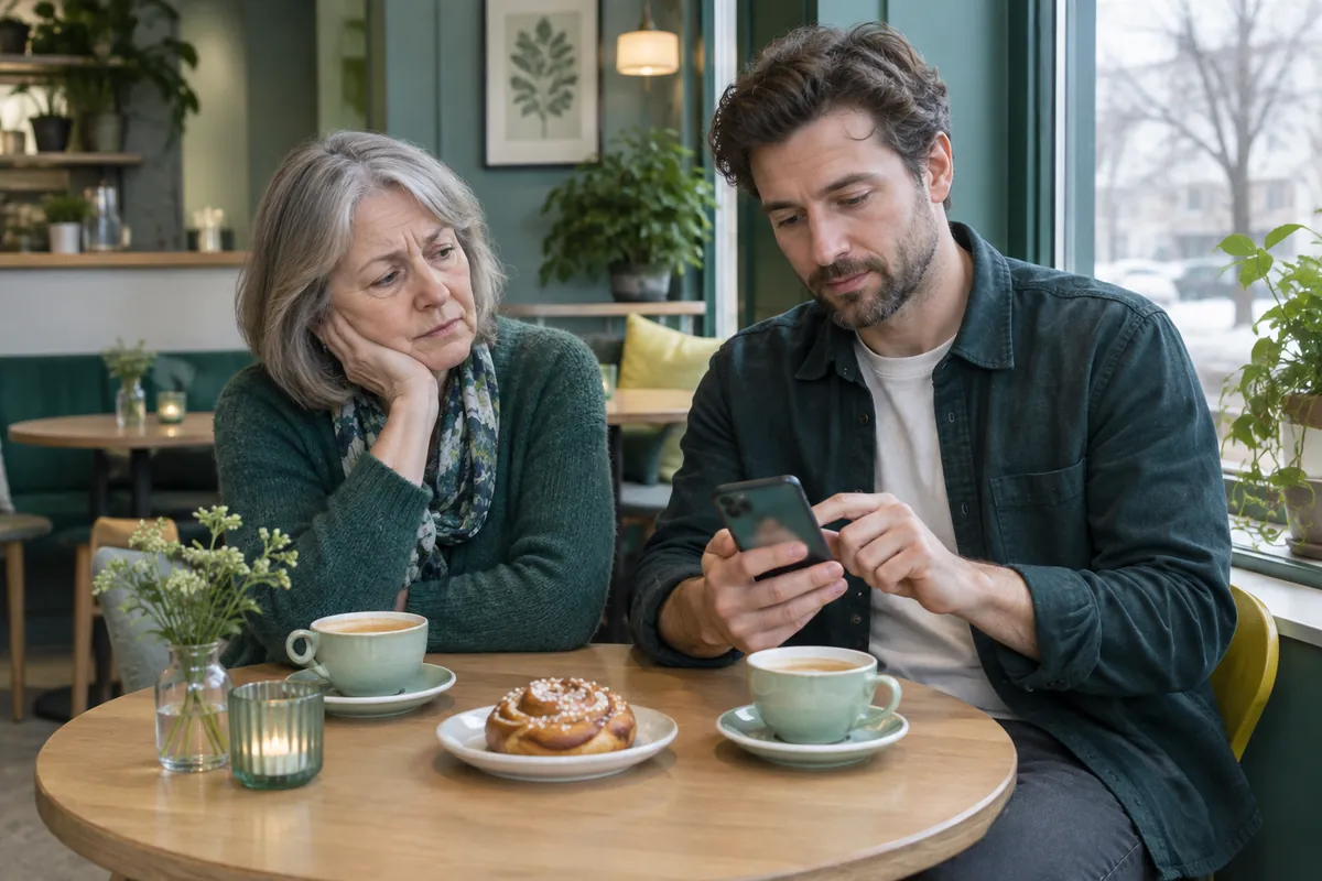 En äldre kvinna på ett kafé får hjälp av sin son att få fart på mobilen