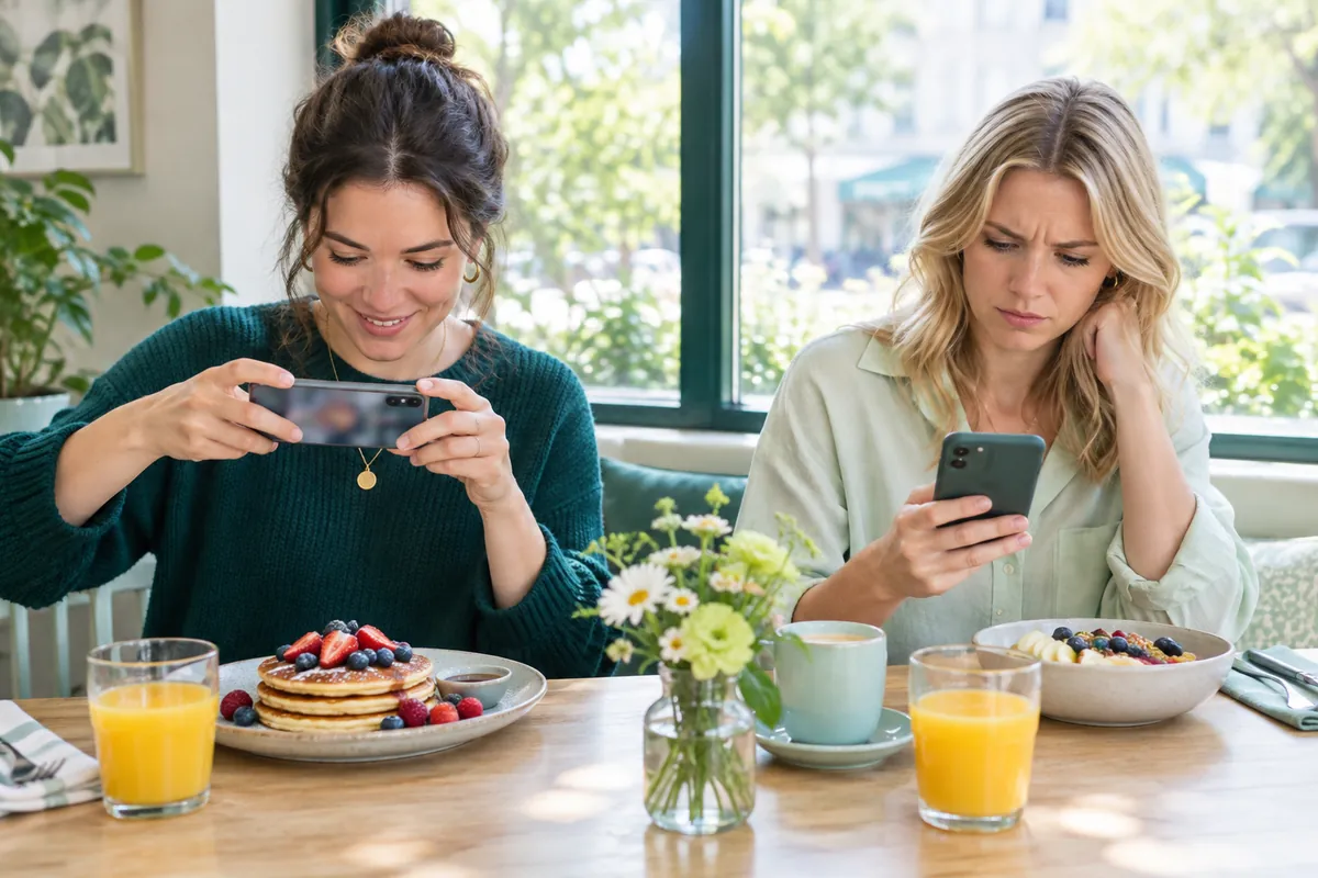 Två kvinnor på en brunch, den ena fotograferar maten och den andra tittar bekymrat på mobilen