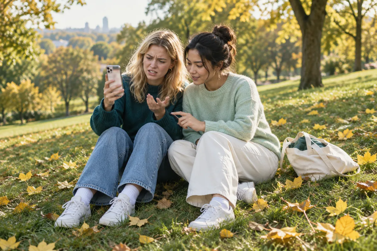 Två unga kvinnor i en park går igenom lagringen i en full iPhone