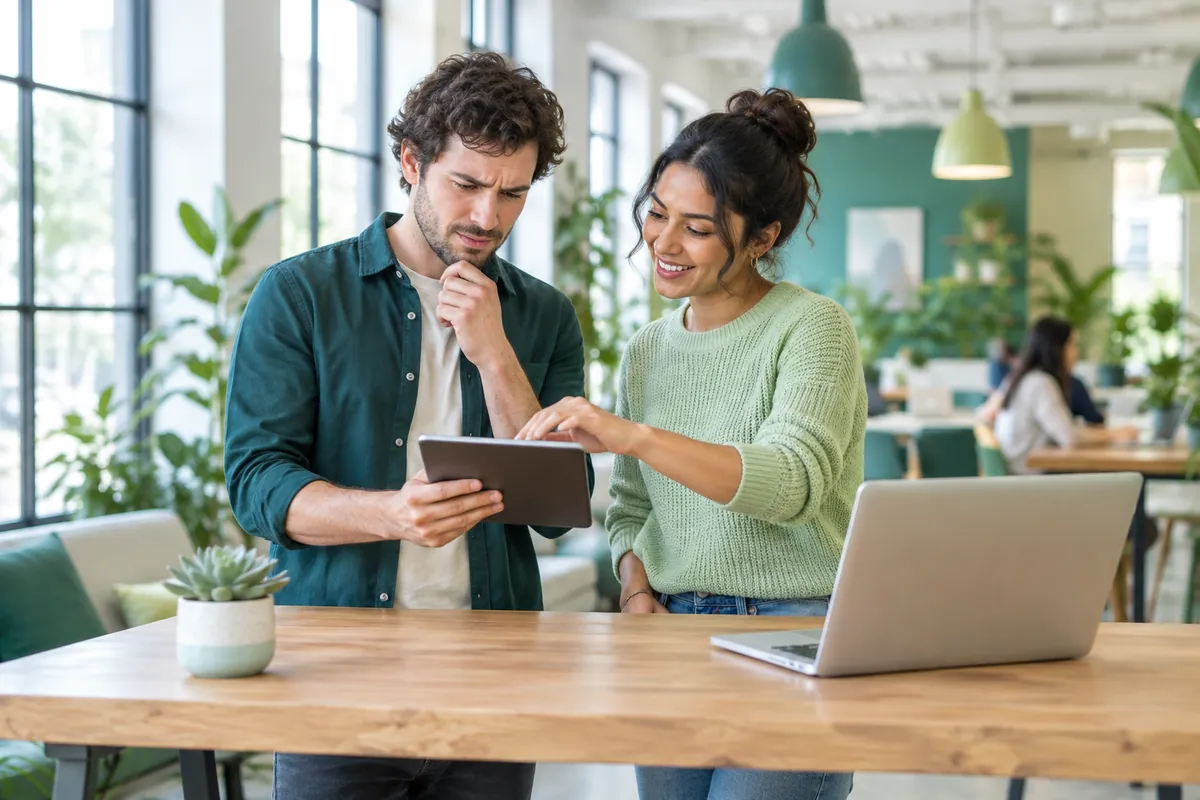 Två frilansare vid ett högt bord i en coworkinglokal löser ett problem på surfplattan