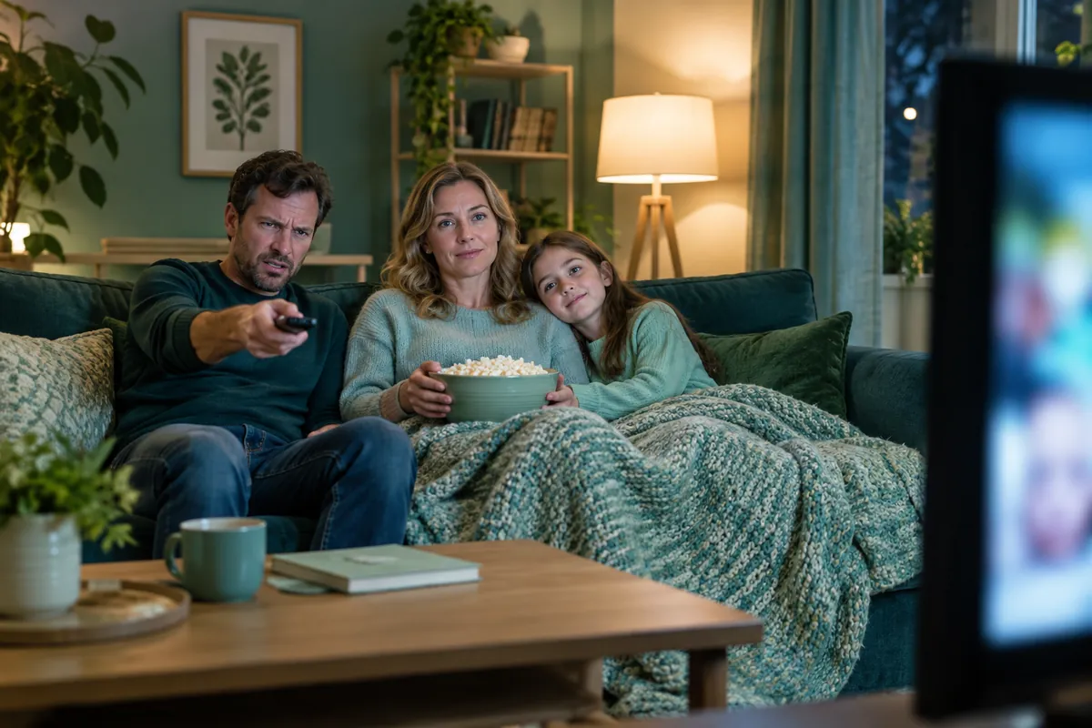 En familj i soffan väntar medan pappan försöker få igång en app på tv:n