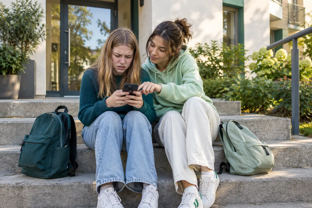 Två tonårstjejer på en trappa felsöker en app i mobilen