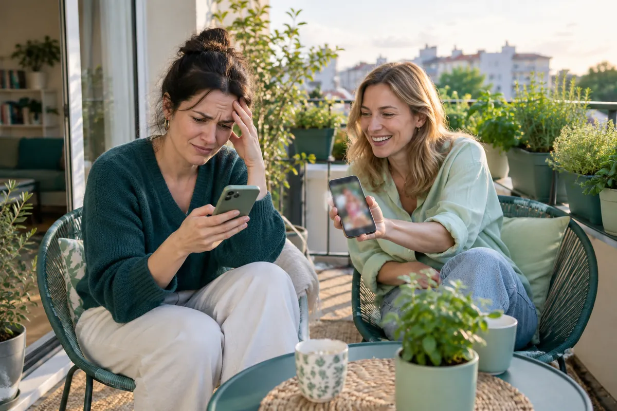 Två vänner på en balkong, den ena scrollar igenom alla bilder från en gruppchatt i den fulla mobilen