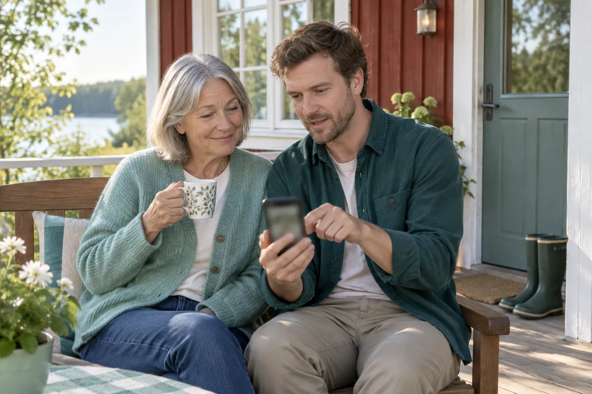 En son visar sin mamma hur hon blockerar ett nummer i mobilen på verandan till sommarstugan