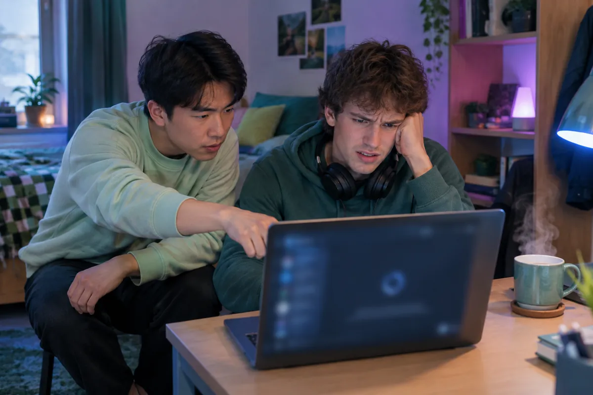 Två studiekamrater försöker få igång Discord som har fastnat på laddningsskärmen på en bärbar dator