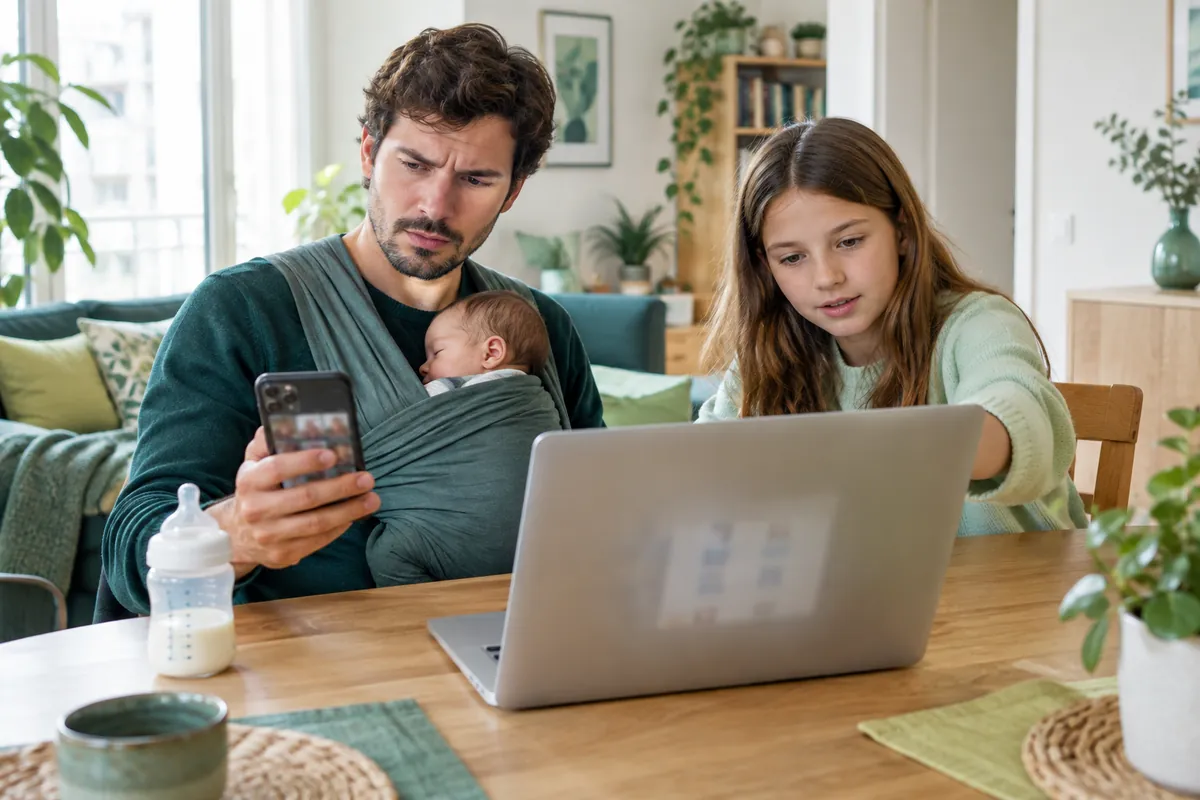 En ung pappa med bebis i bärsele får hjälp av sin syster att flytta videor från den fulla mobilen till iCloud