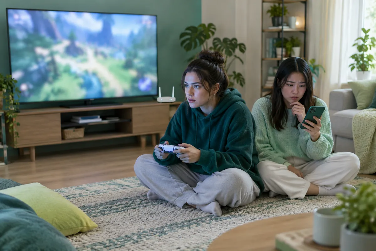 En ung kvinna spelar ett molnspel på tv:n medan en vän kontrollerar nätverket i mobilen