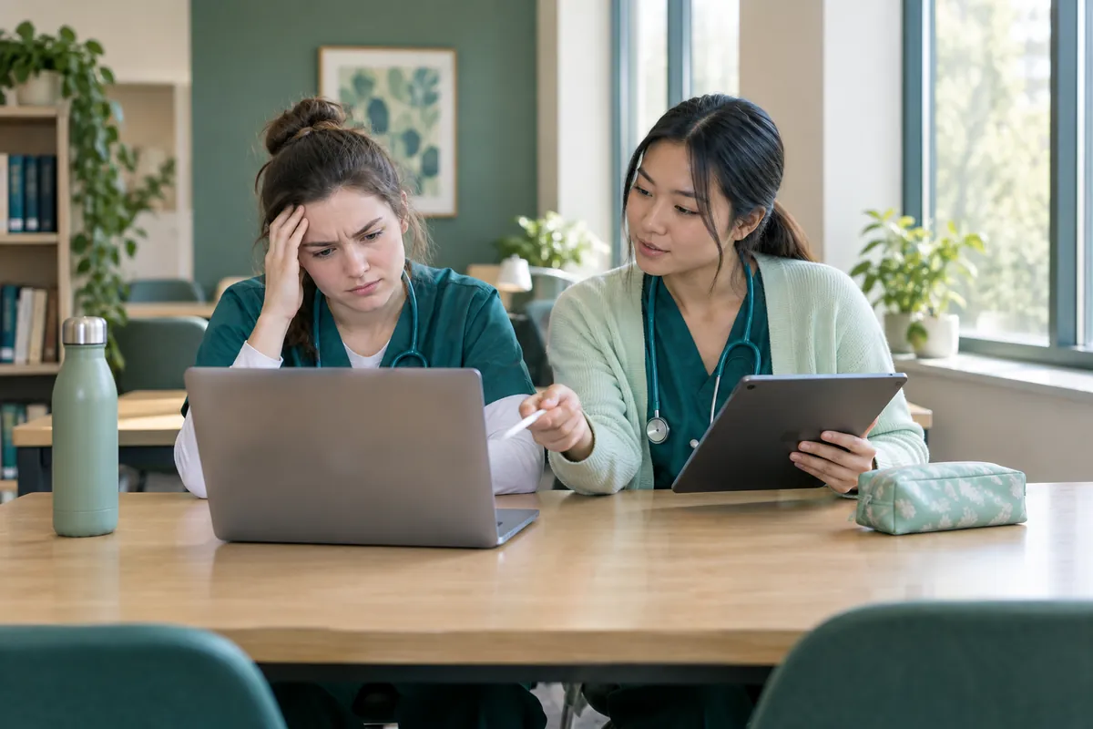 Två sjuksköterskestudenter felsöker gemensamma anteckningar som inte synkroniseras på en bärbar dator
