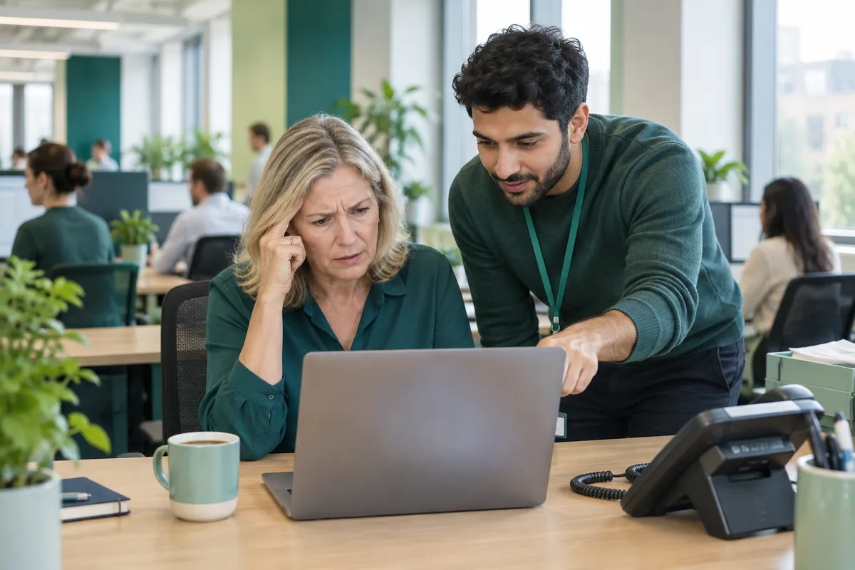 En IT-kollega hjälper en kvinna vars inkorg i mejlprogrammet har slutat synka på den bärbara datorn