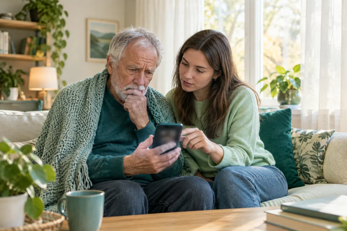En äldre man är orolig för sina meddelanden och hans barnbarn visar inställningarna för lagring i mobilen