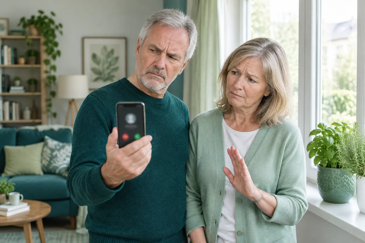 En äldre man tittar misstänksamt på ett okänt samtal i mobilen medan hans fru skakar på huvudet