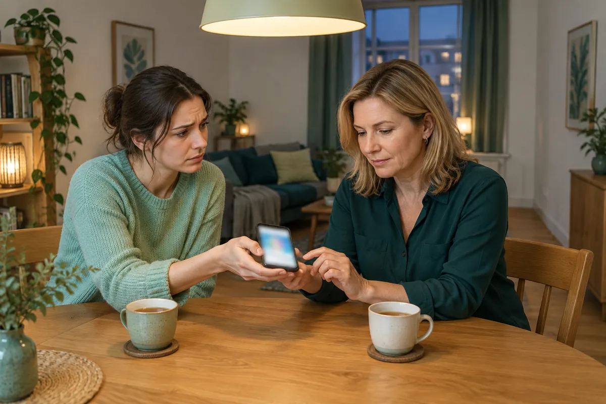 En kvinna går igenom inställningarna i en väninnas mobil för att leta efter spionprogram