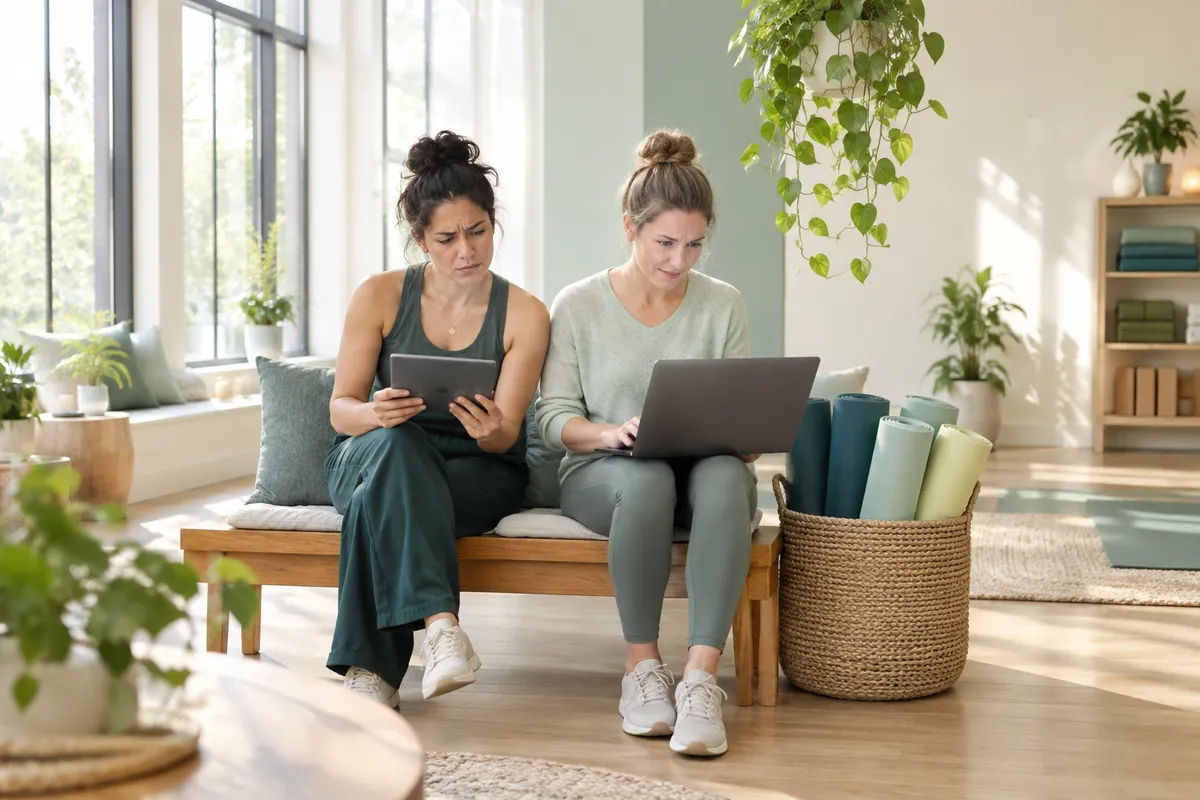 Två kvinnor som driver en yogastudio kontrollerar varför det nya schemat inte syns på sajten