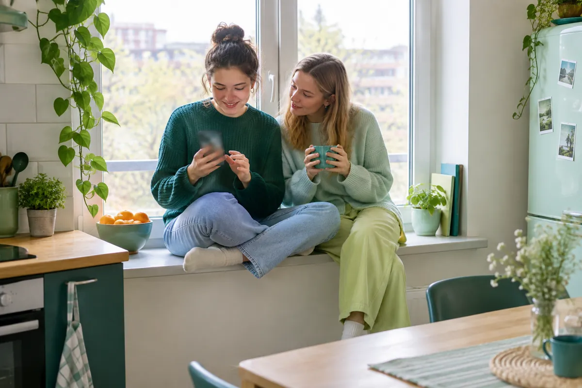 Två studenter i ett studentkök, den ena rensar bort nedladdade videor från Telegram-kanaler i mobilen medan den andra tittar på