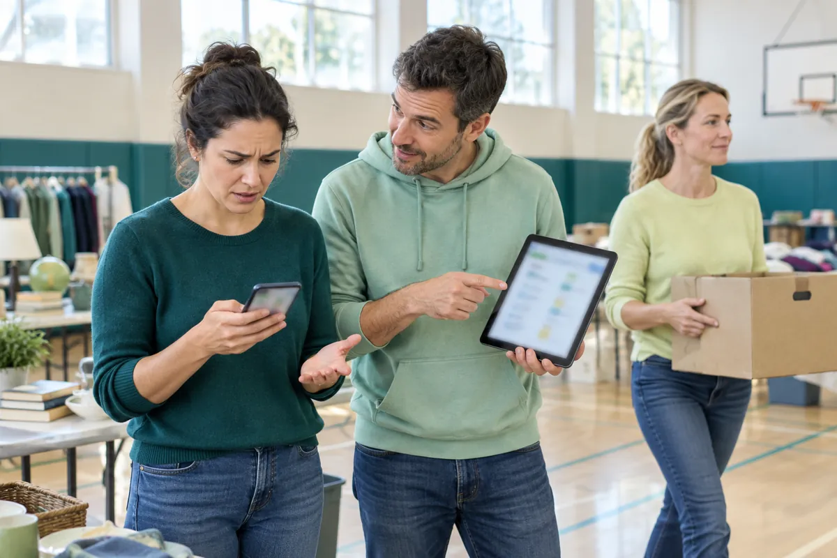 Föräldrar ordnar en loppis i en skolgymnastiksal och jämför den delade uppgiftstavlan i mobilen och på en surfplatta