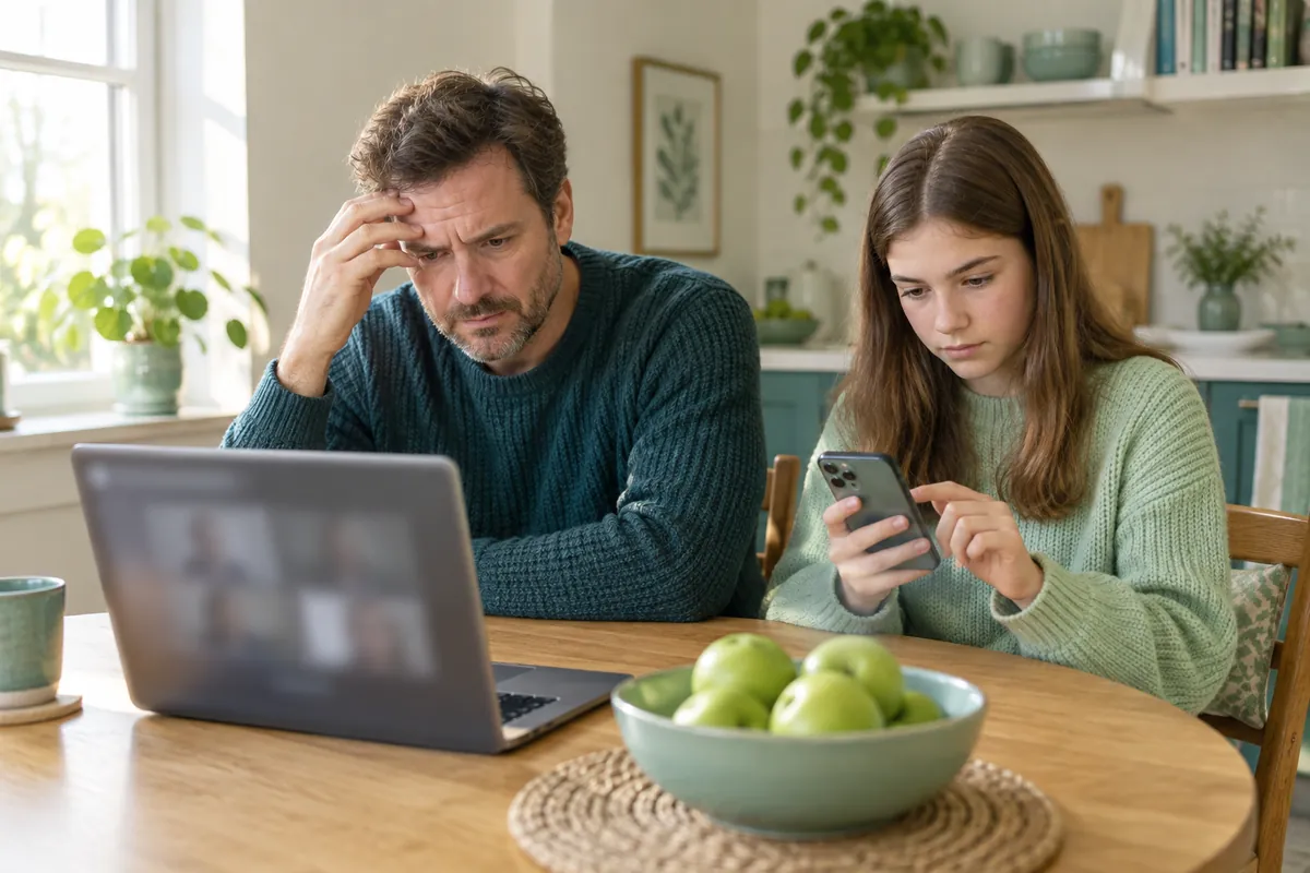 En pappa vars videomöte inte startar på den bärbara datorn får hjälp av sin dotter som går igenom inställningarna i hans mobil